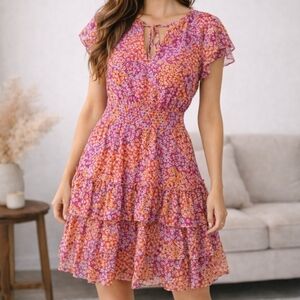 NWT MSK Summery Floral Smocked Ruffle Dress in Fushia Pink Size L